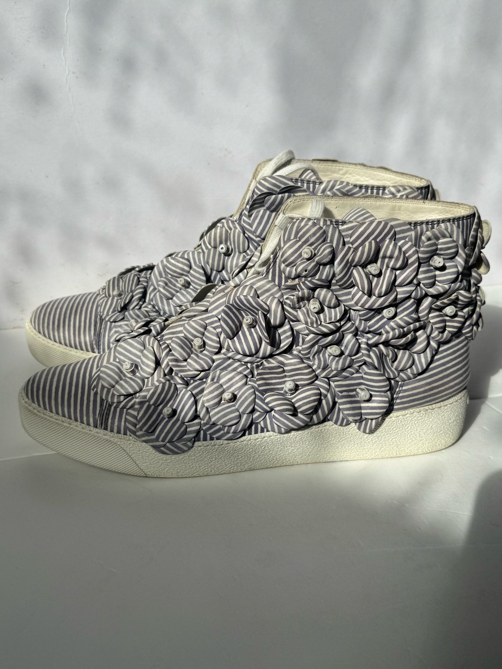 Chanel Camellia High Cut Sneakers in blue and white striped fabric